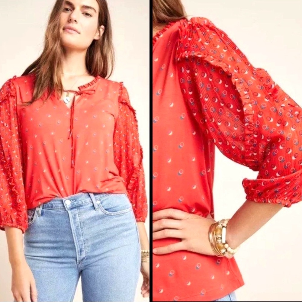 ANTHRO Maeve Reddish Orange Peasant Patterned Blouse Sz XS